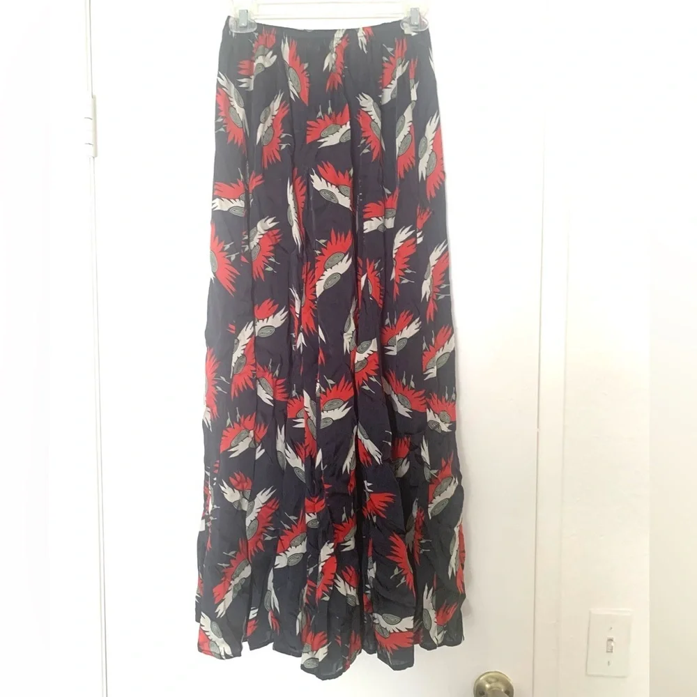 THE GREAT. Godet Navy Birds Paradise Maxi Skirt Red Feather Small - Picture 6 of 15